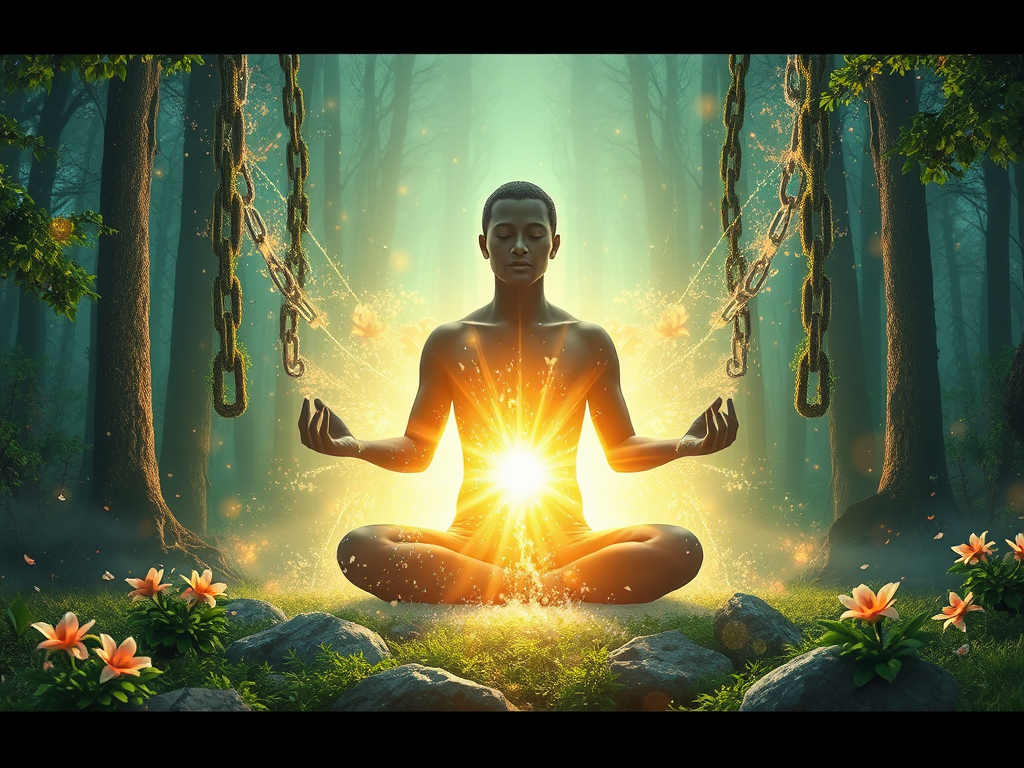 A serene figure meditating "surrounded by glowing light" "shattered chains falling away" "vibrant nature blossoming" symbolizing growth, strength, and transformation in a mystical forest setting.