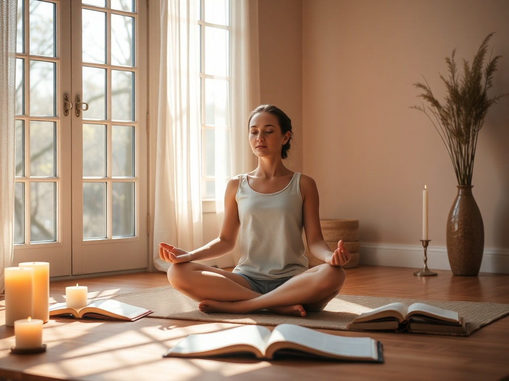 A serene, sunlit room where a calm person sits cross-legged in gentle meditation, soft candles glow, journals open, warm colors, tranquil atmosphere.