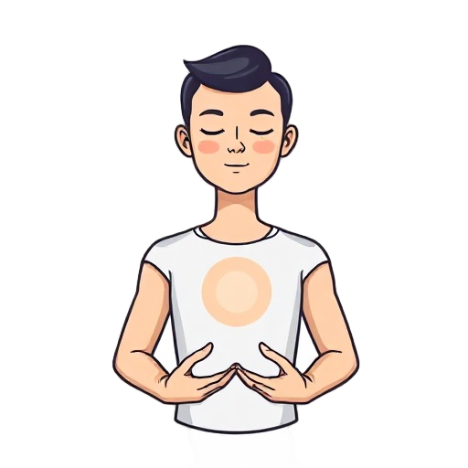 Carefully describe an image with the theme of "breath hands aura" as a stylized close-up full-body illustration of a centered human figure meditating, shown in a calm upright pose with closed eyes, soft rounded facial features, and a relaxed neck and shou
