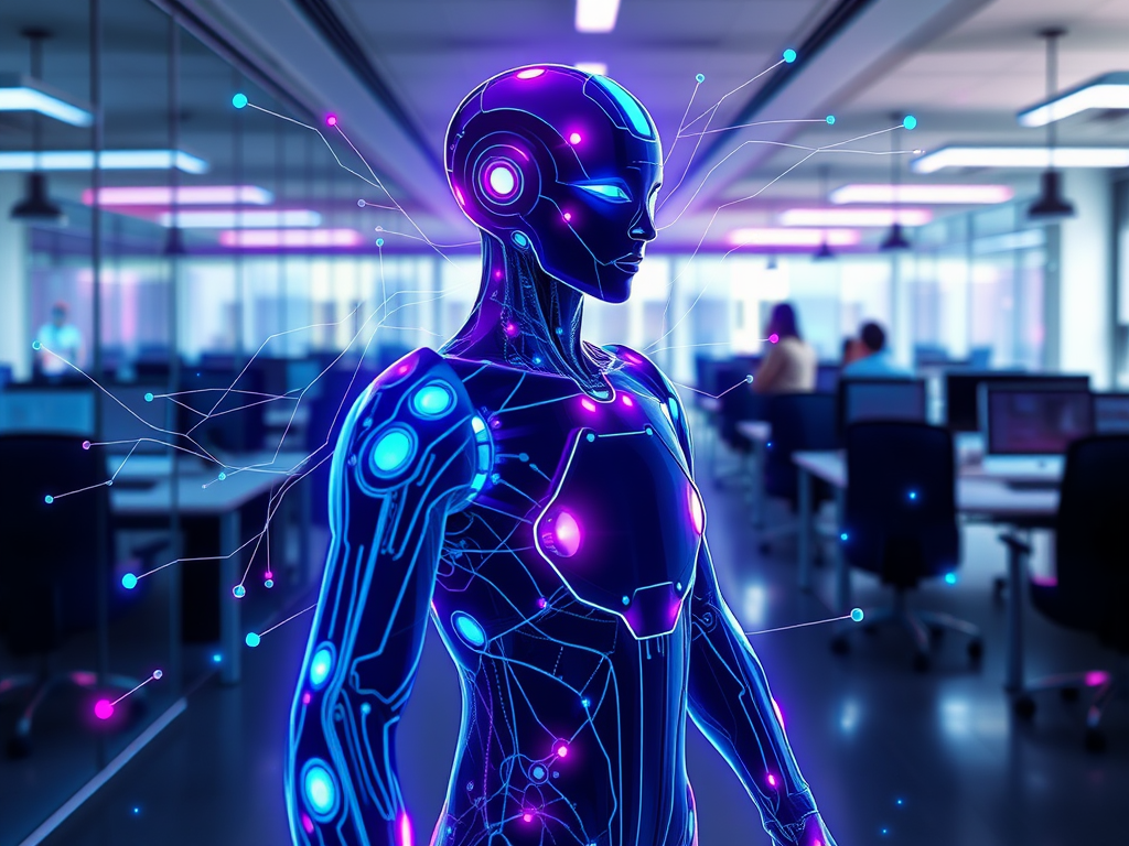 Futuristic "AI agent" as a glowing humanoid figure, "digital data streams" swirling around, "modern office" background, vibrant blue and purple hues, dynamic motion.