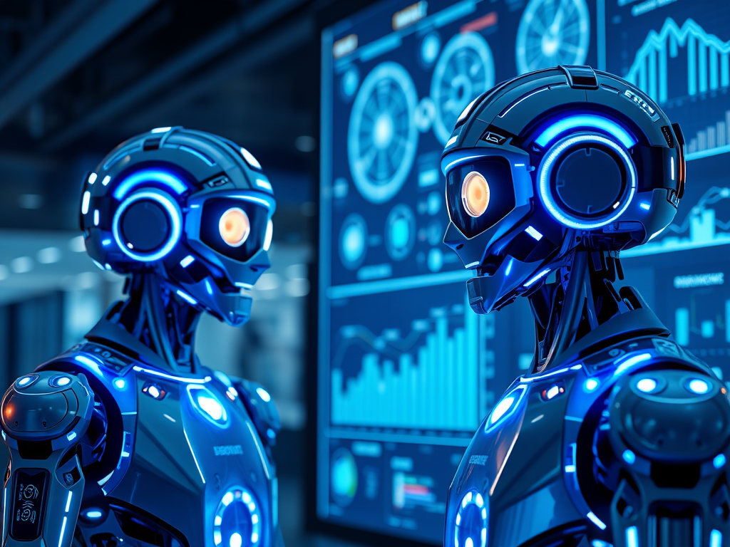 "futuristic AI agents" "glowing digital brains" "autonomous robots analyzing marketing data" "dynamic graphs and charts floating" "sleek modern office environment" "blue and silver color scheme"
