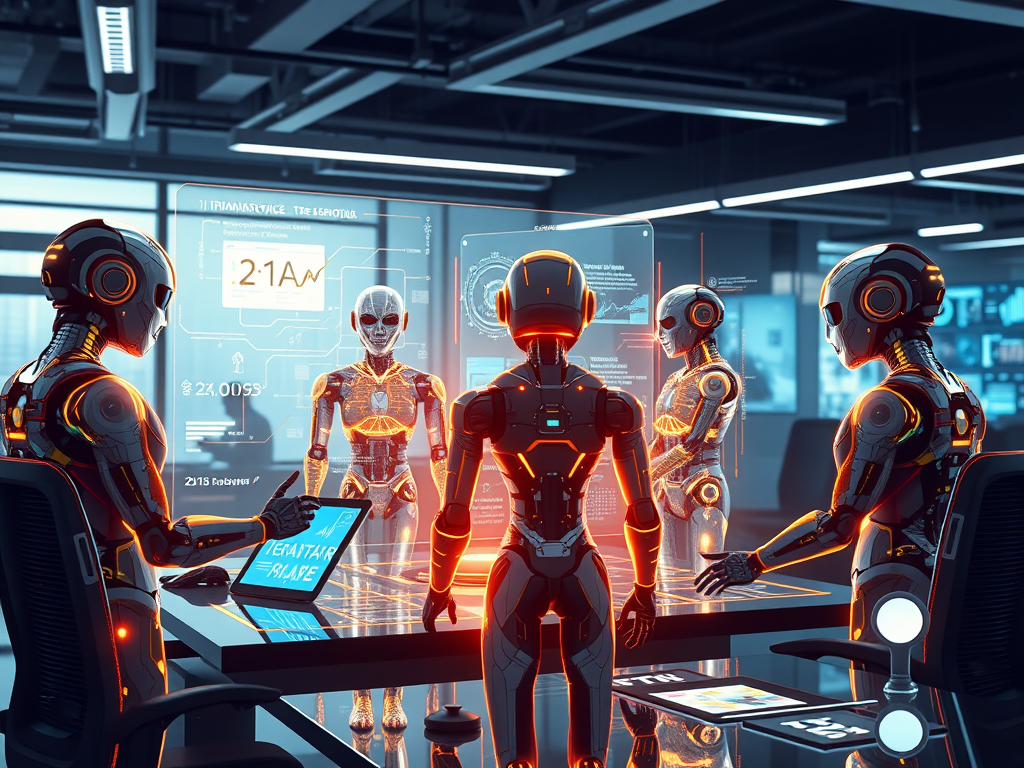 "Futuristic office" with "diverse AI agents as glowing humanoid figures" collaborating around a "transparent digital interface," showing "complex data streams," embodying "innovation and efficiency."