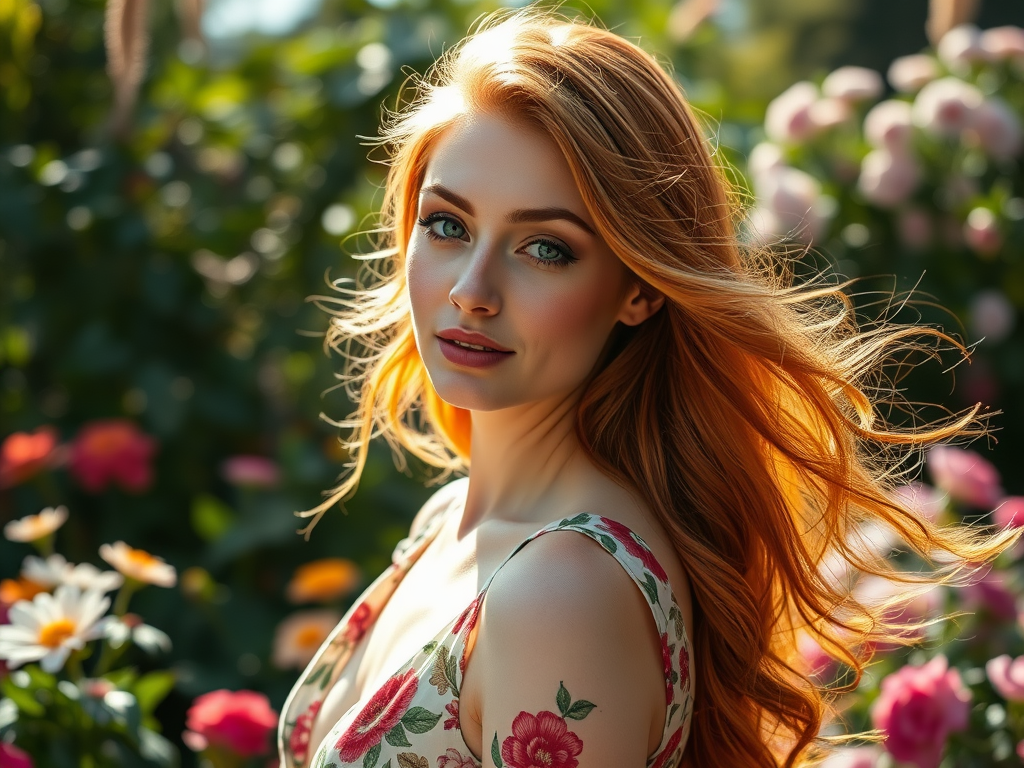 "Elegant woman with flowing auburn hair" "soft sunlight illuminating her serene face" "vintage floral dress" "lush garden background with blooming flowers"