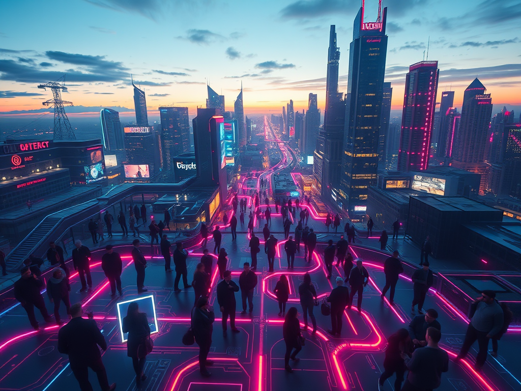 A futuristic digital landscape with glowing "AI agent" holograms, diverse people interacting seamlessly, vibrant neon circuits weaving through a sleek cityscape at dusk