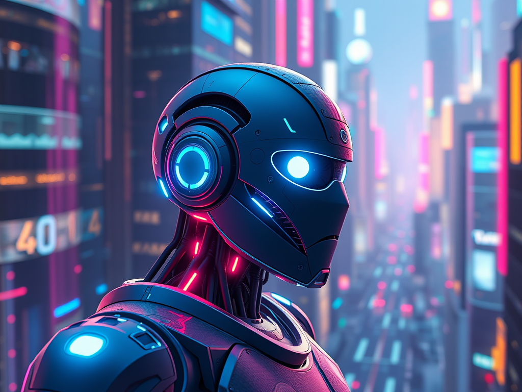A futuristic robot with glowing eyes "autonomously navigating" a digital cityscape, surrounded by floating holograms and data streams, vibrant neon colors.