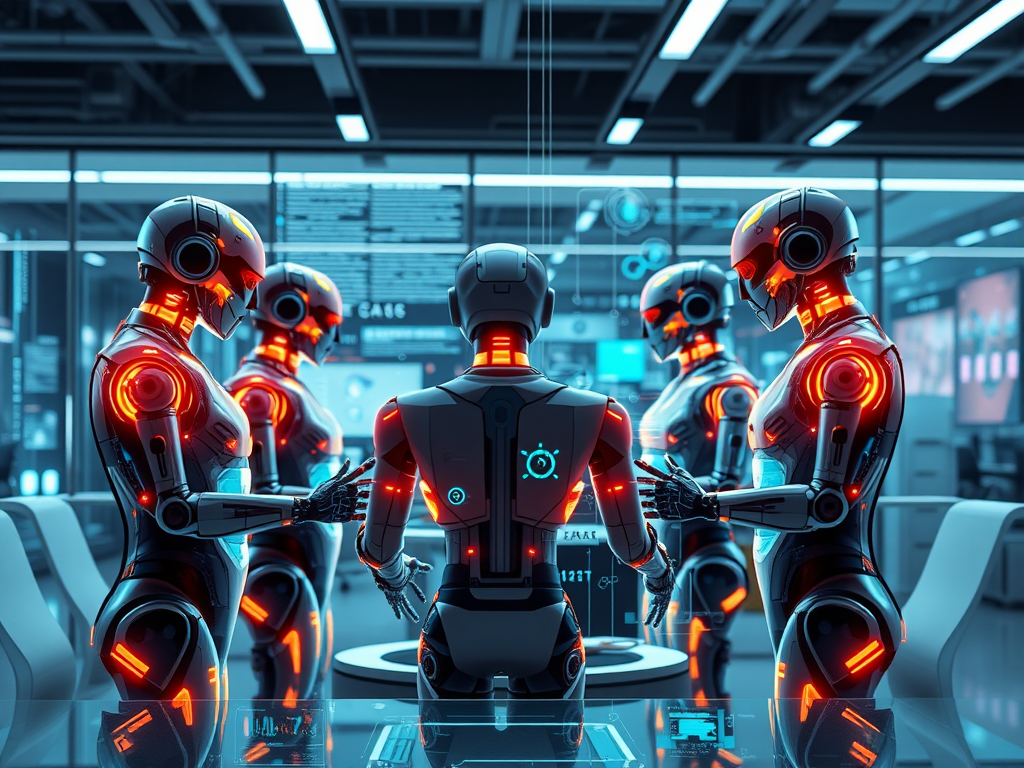 "Futuristic office" with "diverse AI agents as glowing humanoid figures" collaborating around a "transparent digital interface," showing "complex data streams," embodying "innovation and efficiency."