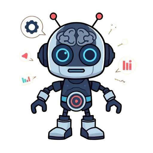 "robot agent" "brain circuit" "gear wheels" "chat bubbles" "target goal" "marketing chart"