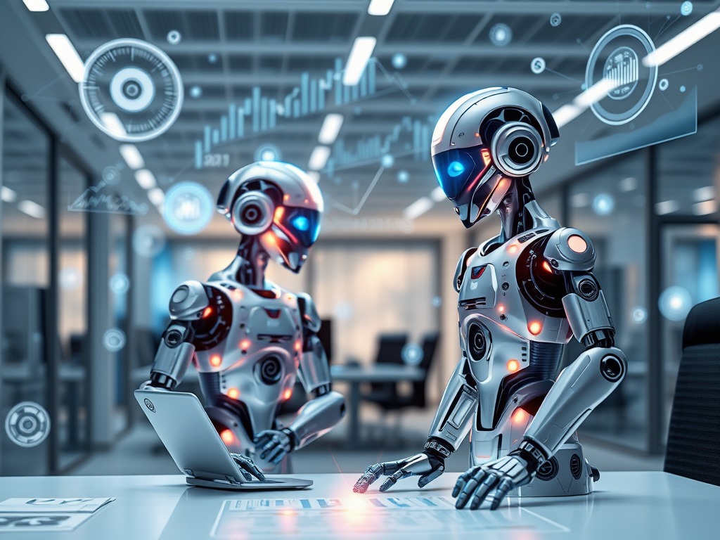 "futuristic AI agents" "glowing digital brains" "autonomous robots analyzing marketing data" "dynamic graphs and charts floating" "sleek modern office environment" "blue and silver color scheme"