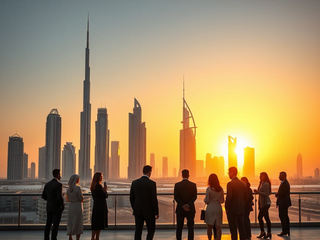 Moderne Dubai skyline met professionals bij zonsondergang.