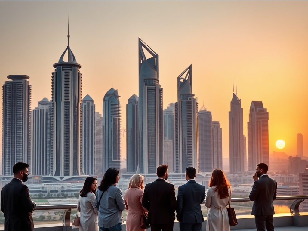 Moderne skyline van Dubai bij zonsondergang met professionals.