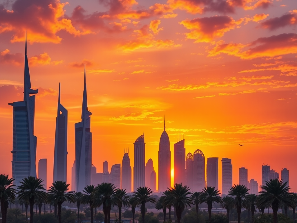 De skyline van Dubai tijdens zonsondergang met palmbomen.