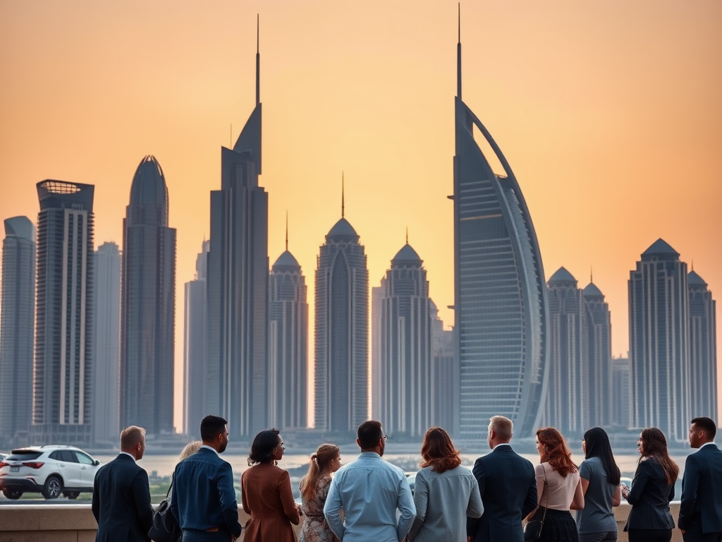 Moderne Dubai skyline bij zonsondergang met professionals.