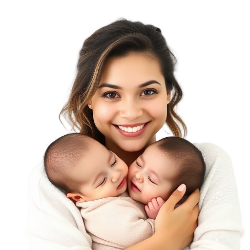 Een lachende vrouw met twee baby's op een witte achtergrond.