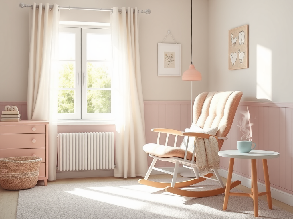 Een serene kinderkamer met een schommelstoel en thee.