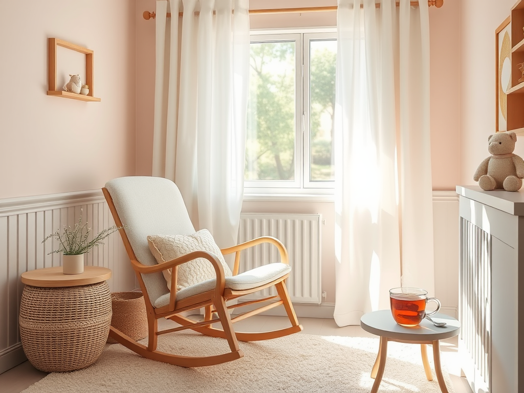 Een serene kinderkamer met een schommelstoel en thee.