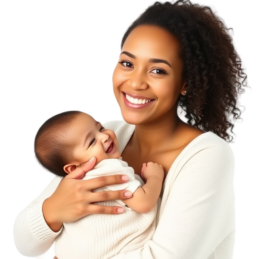 Een lachende vrouw met een baby tegen een witte achtergrond.