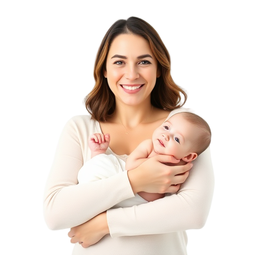 Een lachende persoon met een baby tegen een witte achtergrond.