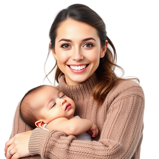 Een lachende persoon met een baby voor een witte achtergrond.