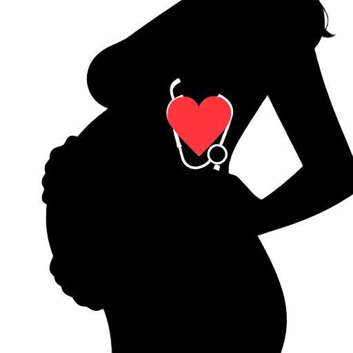 Silhouet van een zwangere vrouw met een hart en stethoscoop.