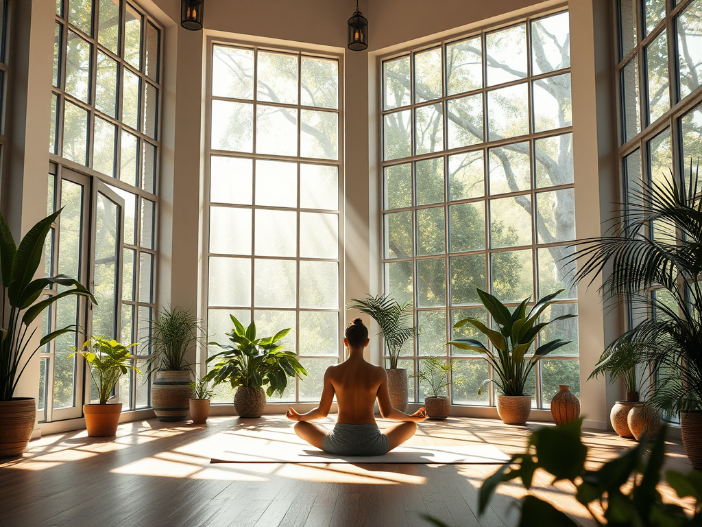 Een serene yogastudio met een mediterende figuur en planten.