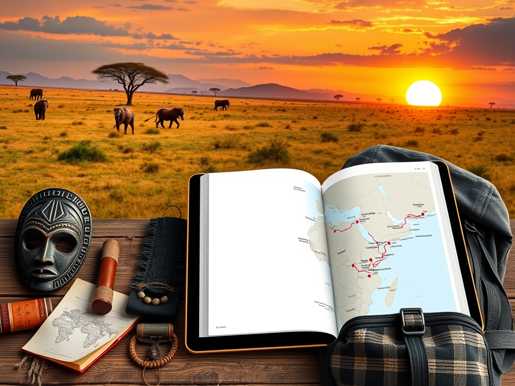 "open e-book on tablet" "African savannah with safari animals" "map with marked travel routes" "cultural artifacts and traditional masks" "backpack with travel essentials" "sunset over wildlife landscape"