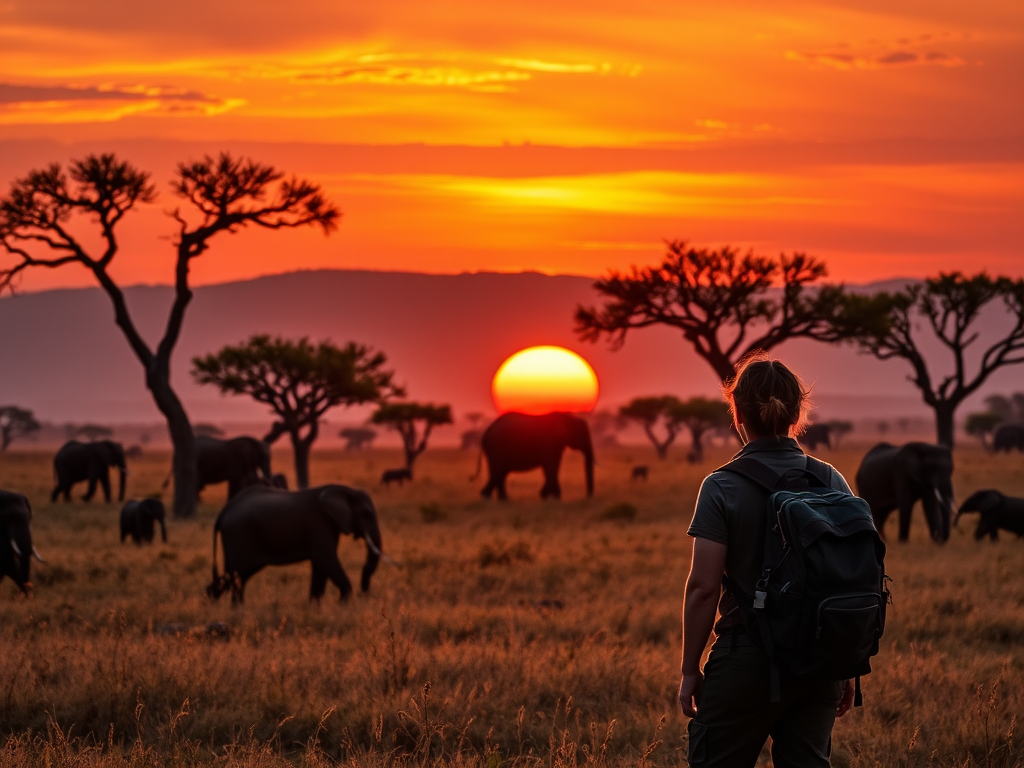 "a serene African savannah at sunset" "silhouettes of elephants and acacia trees" "warm golden light casting long shadows" "a traveler with a backpack looking towards the horizon" "vibrant sky blending orange, pink, and purple hues"