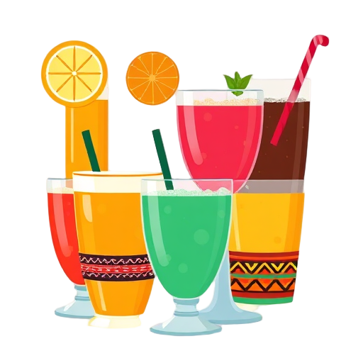 "seven colorful drinks" "handmade bracelets" "African patterns" "flat icons" "bold colors" "solid background"