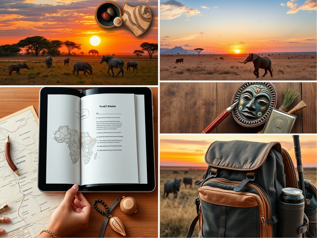 "open e-book on tablet" "African savannah with safari animals" "map with marked travel routes" "cultural artifacts and traditional masks" "backpack with travel essentials" "sunset over wildlife landscape"