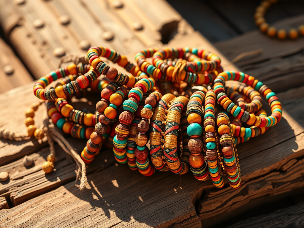 "a collection of authentic African bracelets" "handcrafted with vibrant beads and intricate patterns" "displayed on rustic wooden surface" "warm earthy tones" "sunlight highlighting craftsmanship" "evoking tradition and culture"