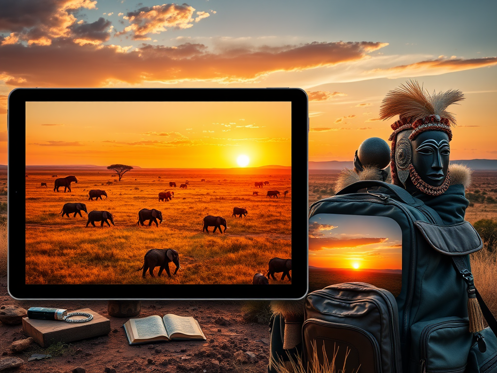 "open e-book on tablet" "African savannah with safari animals" "map with marked travel routes" "cultural artifacts and traditional masks" "backpack with travel essentials" "sunset over wildlife landscape"