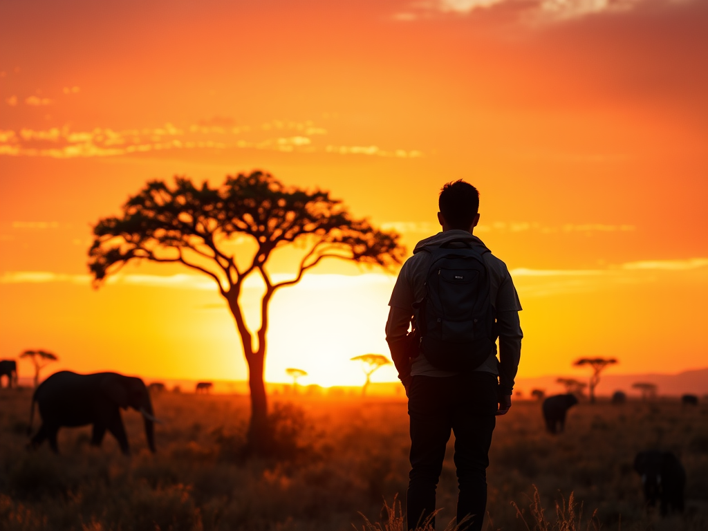"a serene African savannah at sunset" "silhouettes of elephants and acacia trees" "warm golden light casting long shadows" "a traveler with a backpack looking towards the horizon" "vibrant sky blending orange, pink, and purple hues"