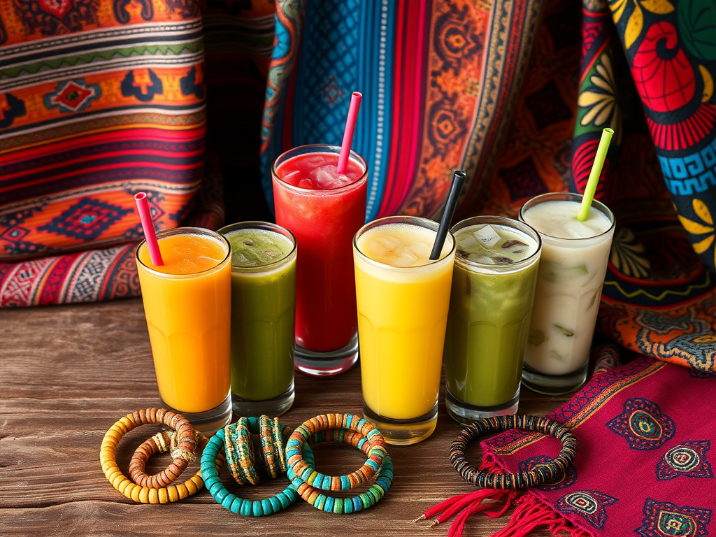 "Seven colorful traditional African drinks" arranged next to "handmade beaded bracelets" on a rustic wooden table, surrounded by "vibrant East African fabrics".