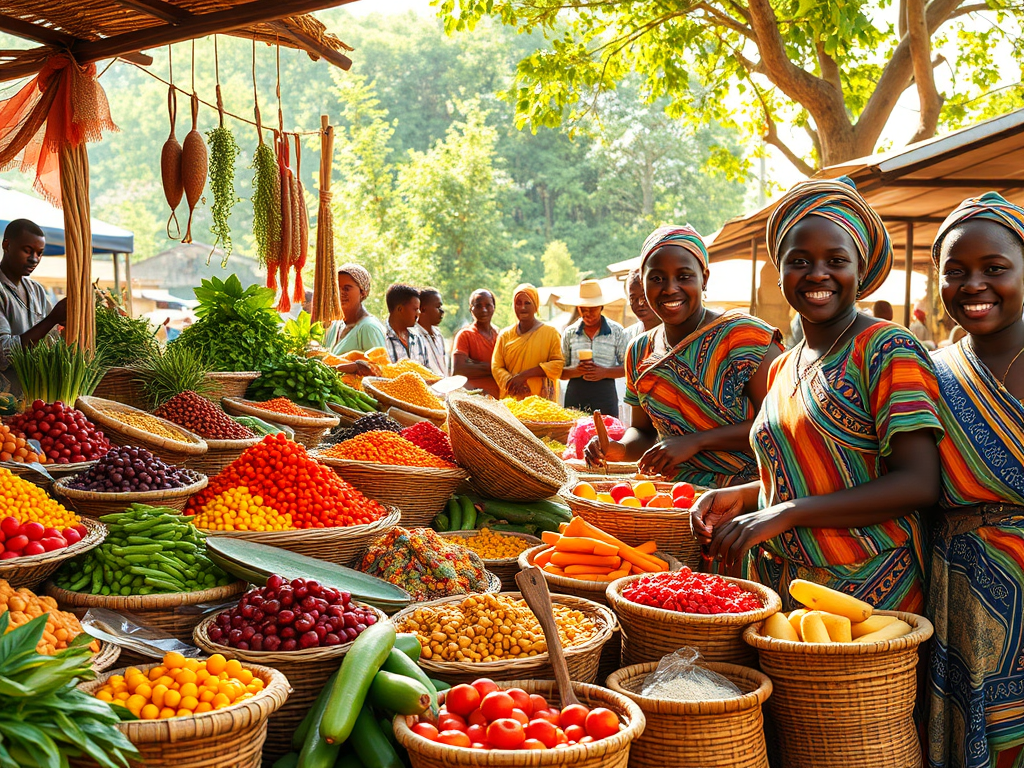 A vibrant East African market with colorful "spices", "fruits", "woven baskets", "smiling people in traditional attire", and "sunlight filtering through trees".