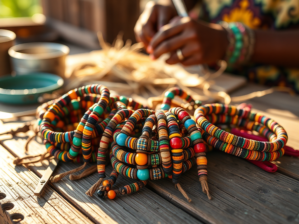 "Close-up of vibrant handmade African bracelets" "woven with colorful beads and intricate patterns" "displayed on rustic wooden table" "sunlight casting warm glow" "artisan hands crafting in background" "natural earthy tones"
