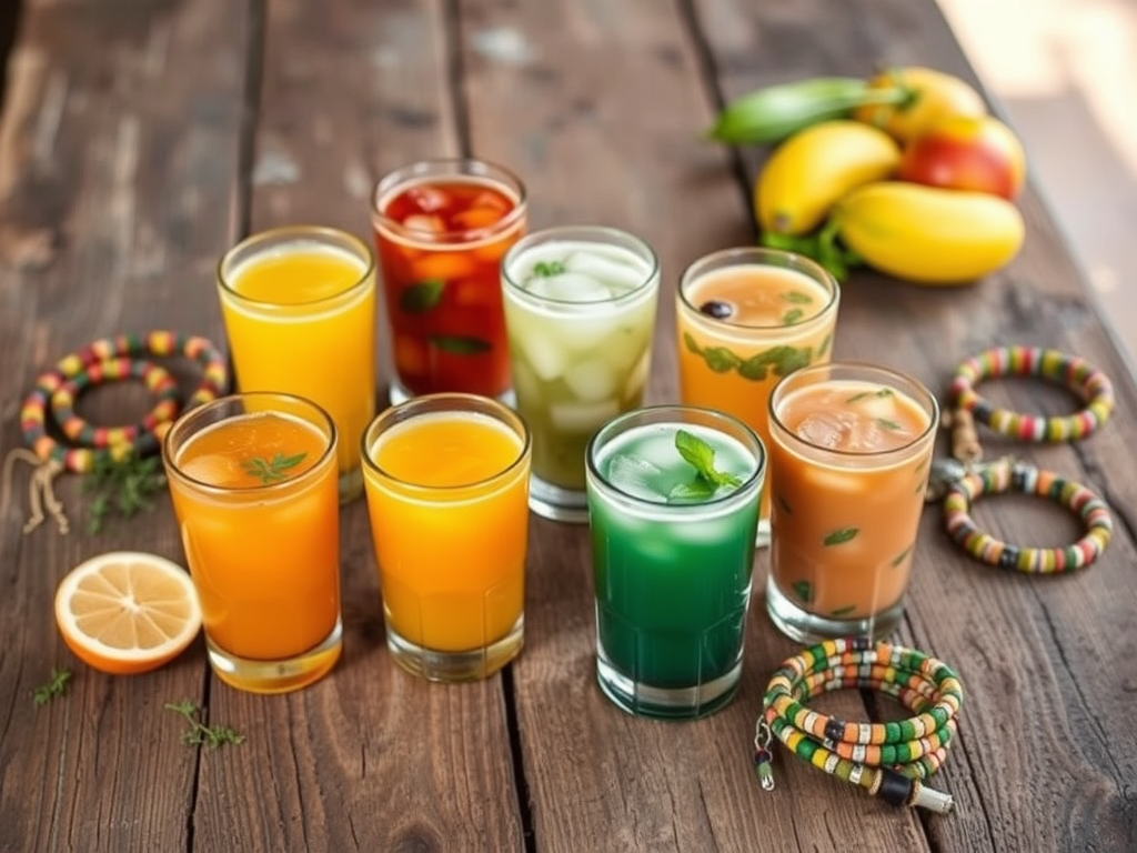 "seven traditional East African drinks" arranged on a rustic wooden table, surrounded by "handmade colorful bracelets," with "natural ingredients" like herbs and fruits, evoking "cultural warmth" and "sustainability."