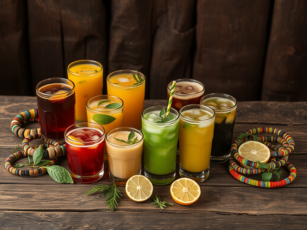 "seven traditional East African drinks" arranged on a rustic wooden table, surrounded by "handmade colorful bracelets," with "natural ingredients" like herbs and fruits, evoking "cultural warmth" and "sustainability."