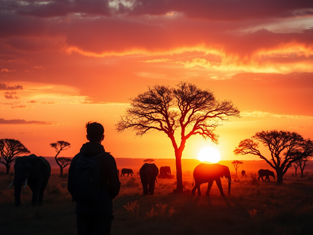 "a serene African savannah at sunset" "silhouettes of elephants and acacia trees" "warm golden light casting long shadows" "a traveler with a backpack looking towards the horizon" "vibrant sky blending orange, pink, and purple hues"