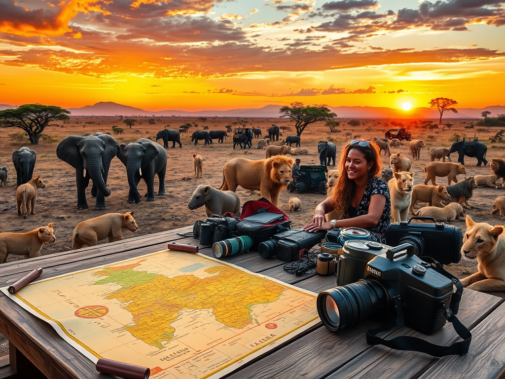 "a vibrant African landscape" "wildlife safari with elephants and lions" "colorful local market with traditional crafts" "travel gear laid out on a rustic wooden table" "interactive map glowing softly" "sunset over savannah with acacia trees" "happy diver