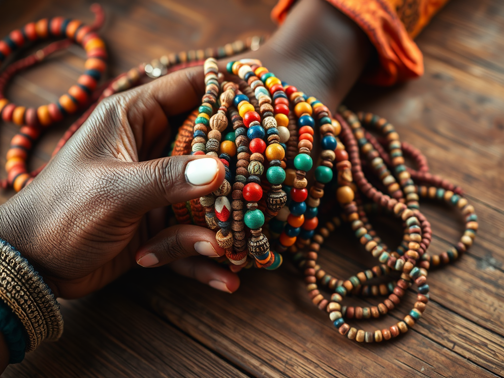 "Close-up of handmade colorful beaded bracelets" "African artisan hands crafting jewelry" "Warm earthy tones" "Natural wooden table background" "Soft natural lighting highlighting textures"