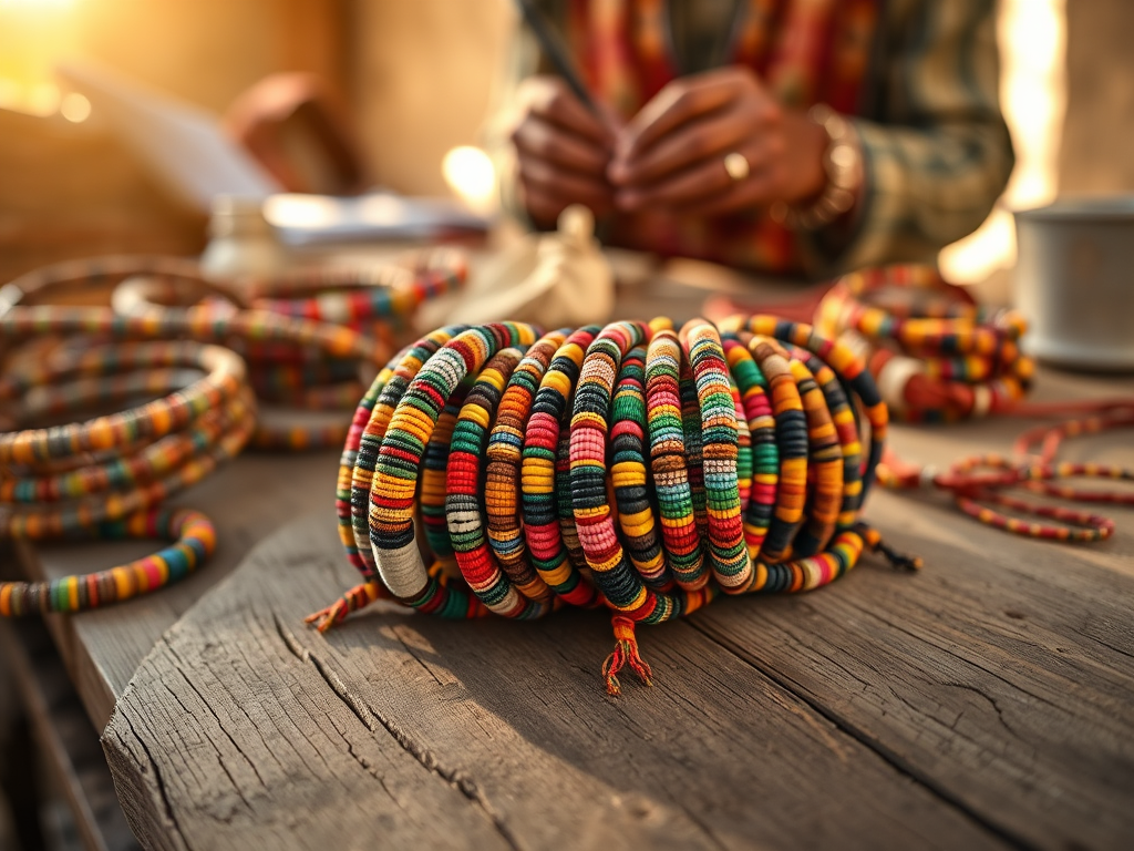 "Close-up of vibrant handmade African bracelets" "woven with colorful beads and intricate patterns" "displayed on rustic wooden table" "sunlight casting warm glow" "artisan hands crafting in background" "natural earthy tones"