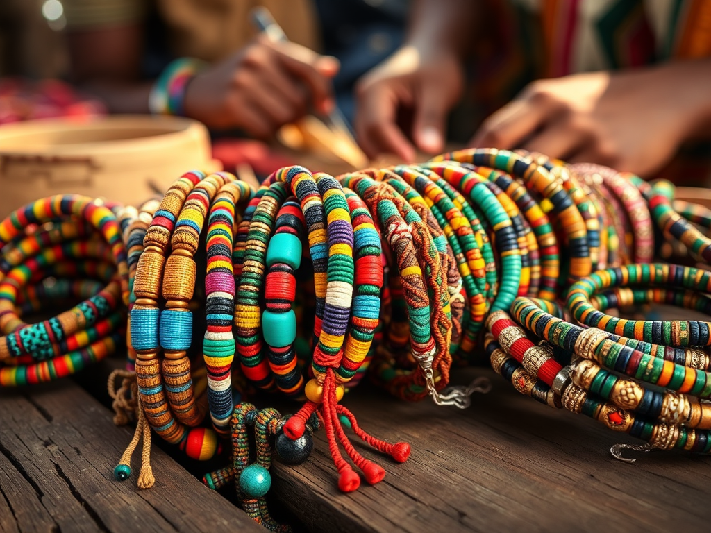 "Close-up of vibrant handmade African bracelets" "woven with colorful beads and intricate patterns" "displayed on rustic wooden table" "sunlight casting warm glow" "artisan hands crafting in background" "natural earthy tones"