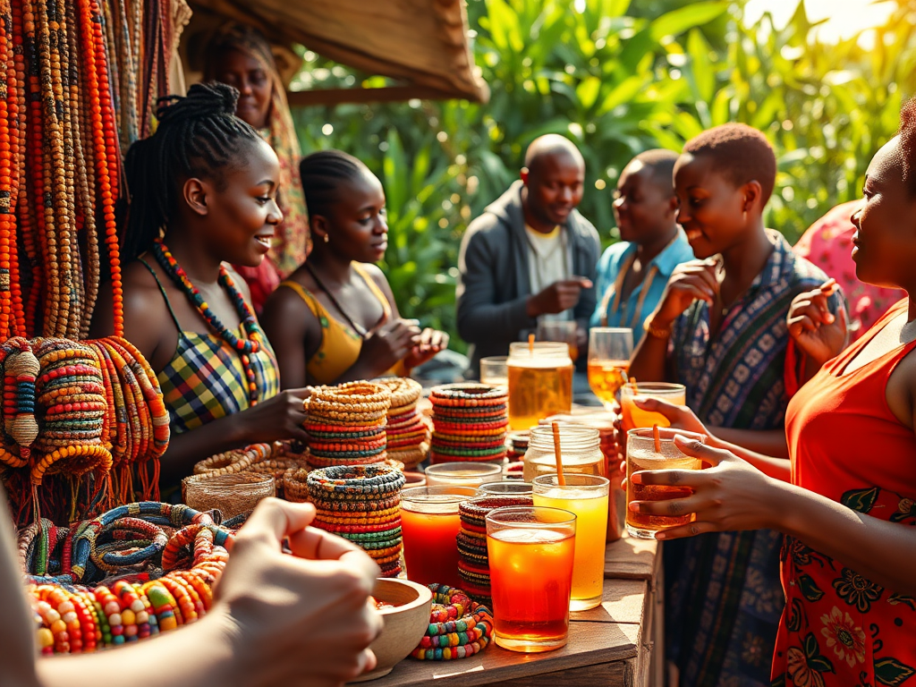 "vibrant African market scene" "handcrafted beaded bracelets displayed" "colorful traditional drinks in rustic cups" "warm sunlight illuminating cultural textures" "people sharing stories joyfully" "lush greenery background"