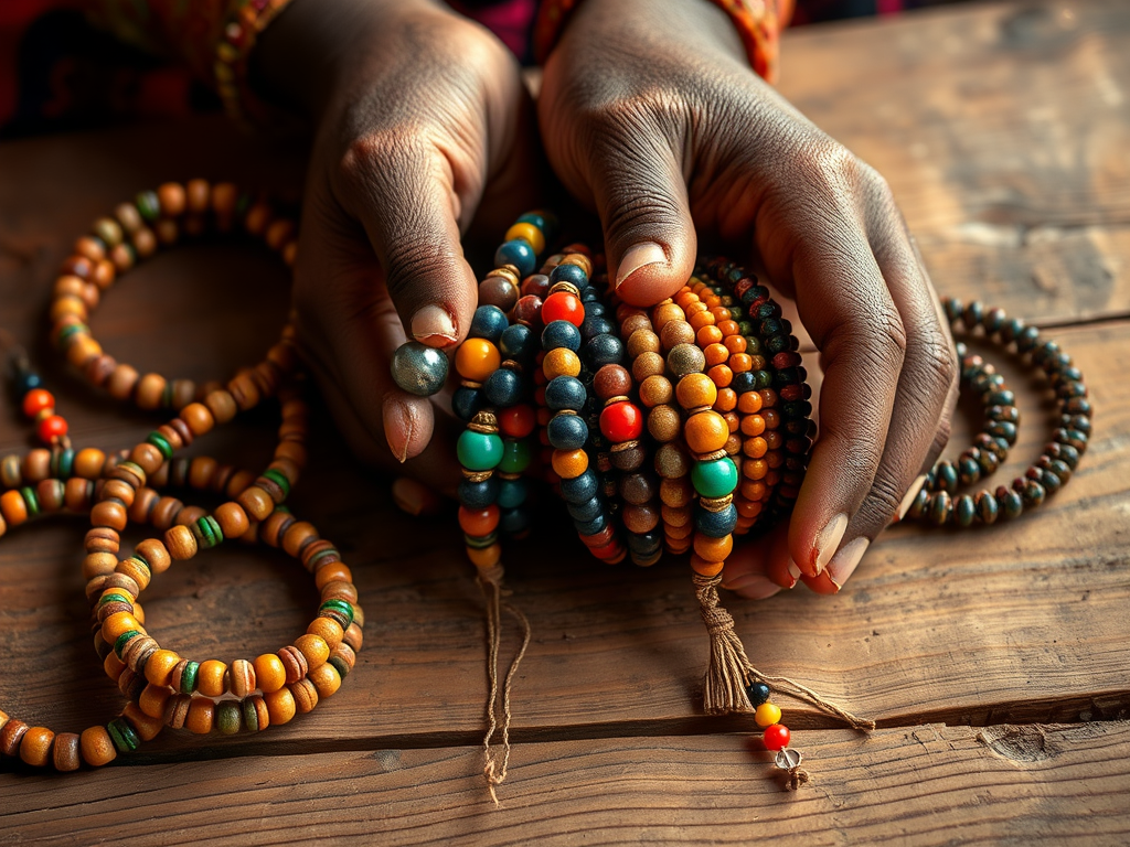 "Close-up of handmade colorful beaded bracelets" "African artisan hands crafting jewelry" "Warm earthy tones" "Natural wooden table background" "Soft natural lighting highlighting textures"