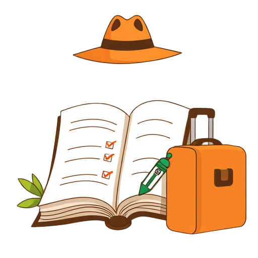 "open book" "African safari" "checklist clipboard" "safari hat" "map and compass" "luggage bag"