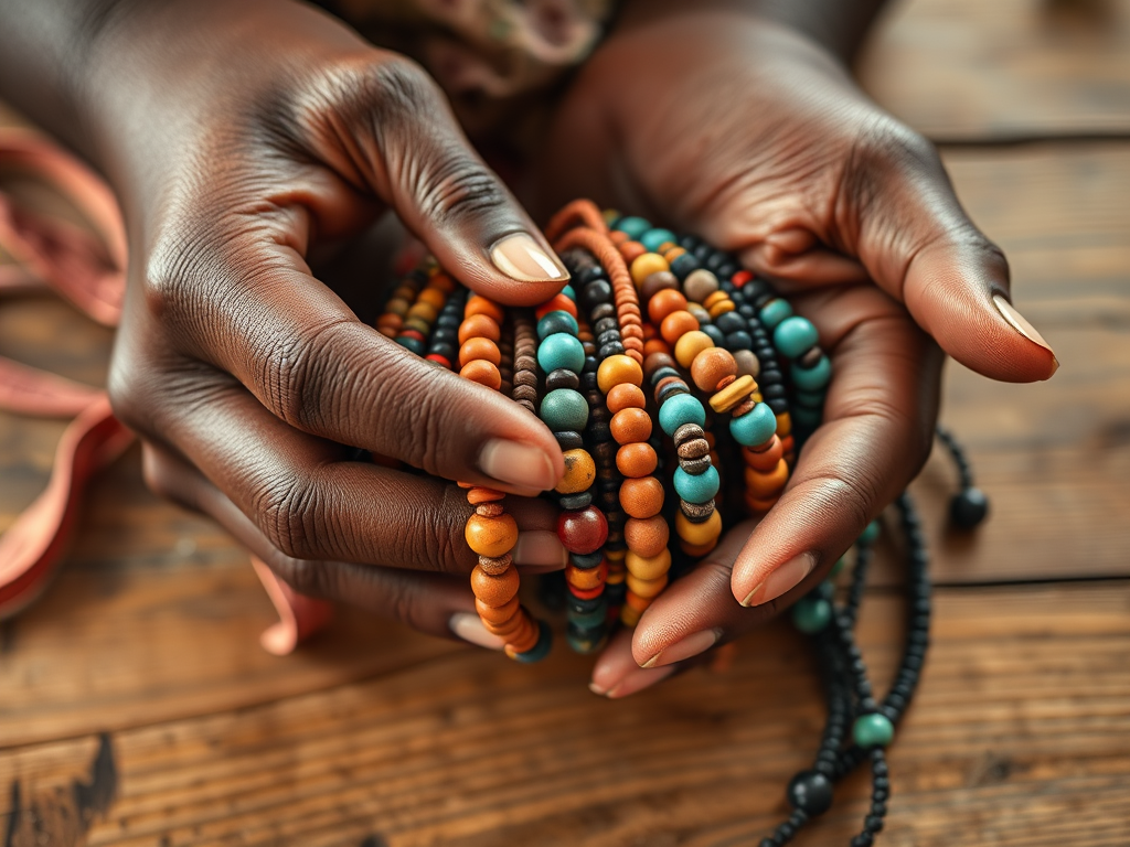 "Close-up of handmade colorful beaded bracelets" "African artisan hands crafting jewelry" "Warm earthy tones" "Natural wooden table background" "Soft natural lighting highlighting textures"
