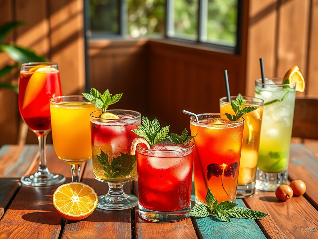 "vibrant wooden table" "seven colorful drinks in varied glasses" "tropical fruits