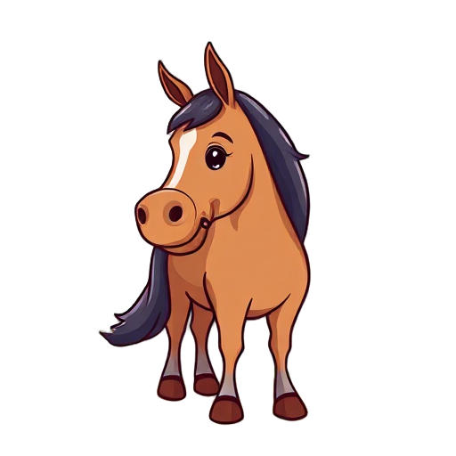 Cartoon horse standing happily in a garden.