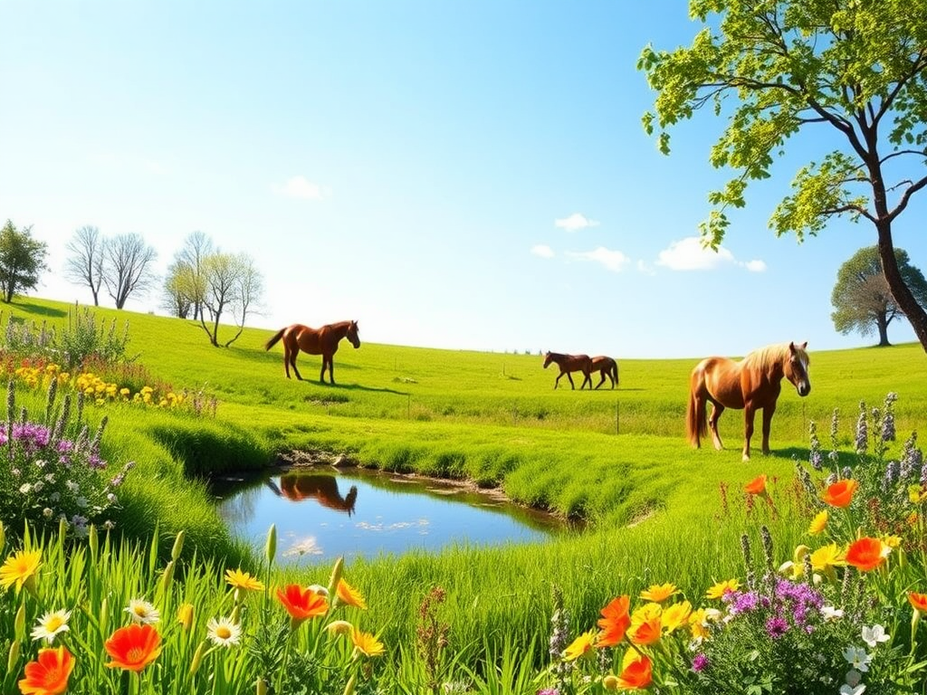 A vibrant garden with horses and a tranquil pond.