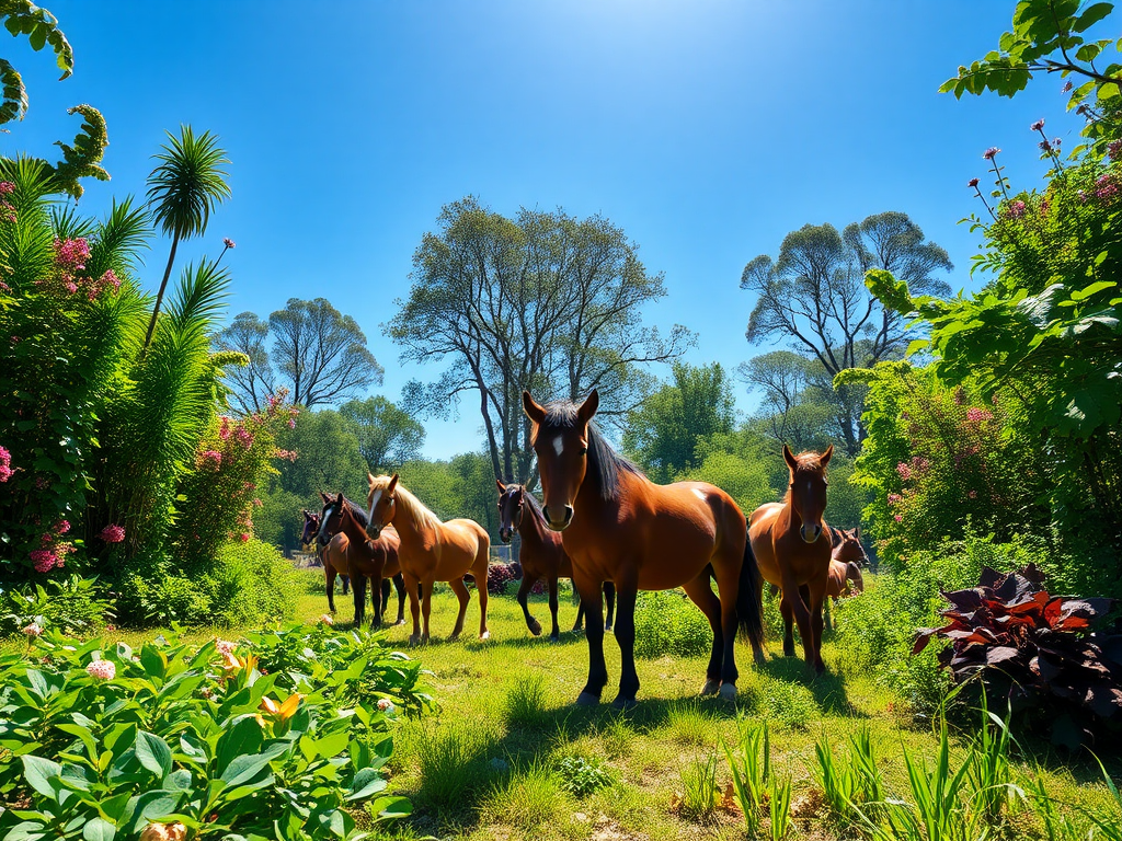 Horses grazing in a lush, vibrant food forest.