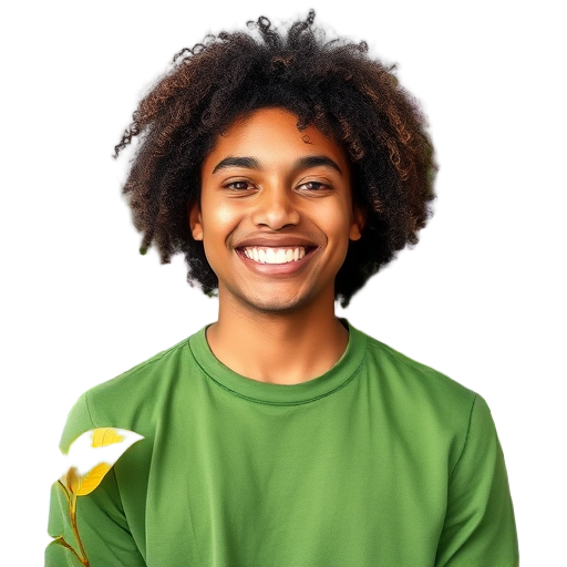 A smiling person with curly hair against a white background.